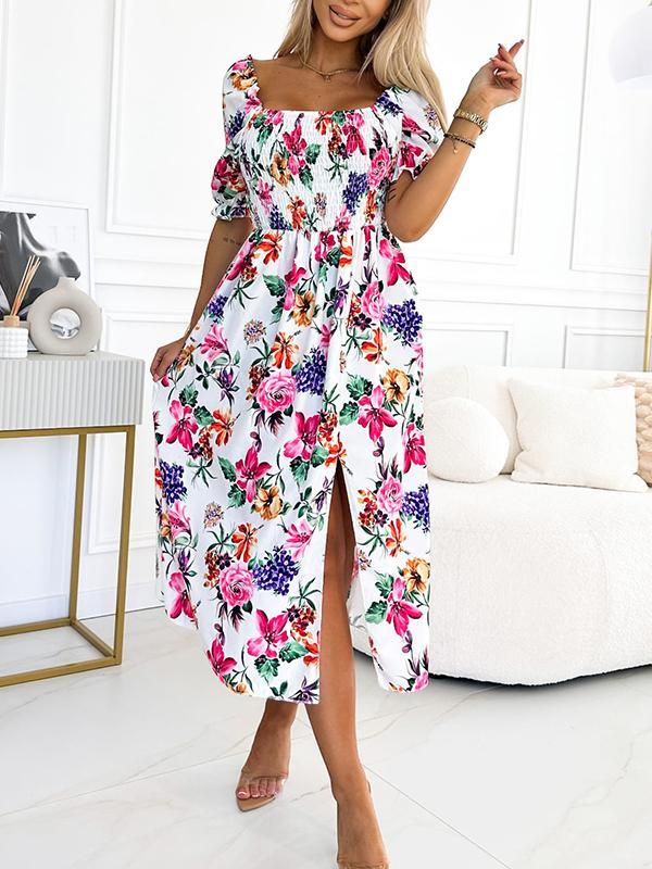 One-shoulder Waisted Floral Print Dress