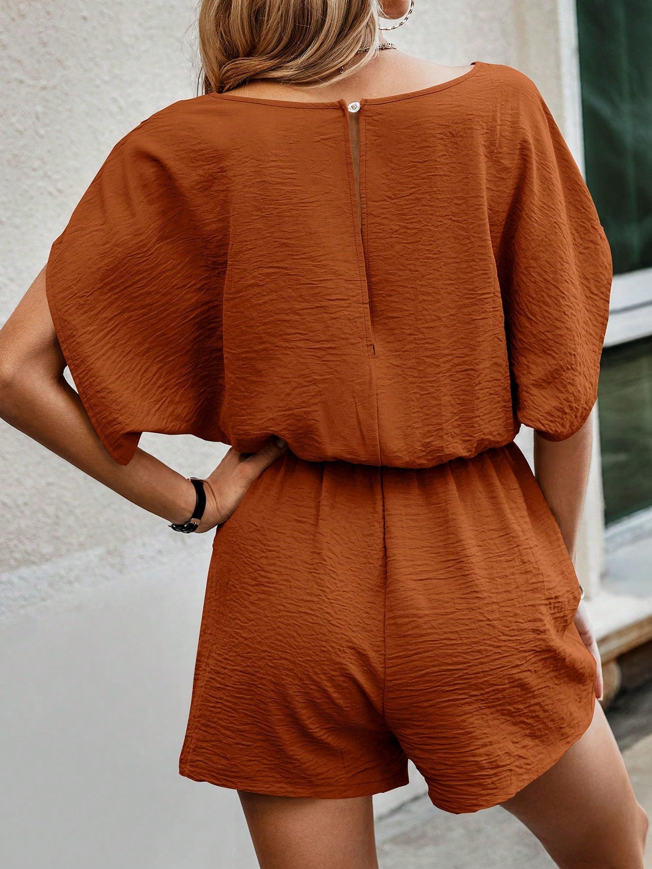 Solid Batwing Sleeve Knot Front Romper