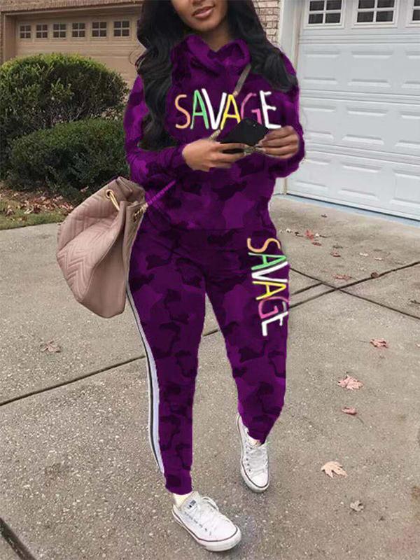 Printed Letter Pile Neck Personalized Casual Suit Purple