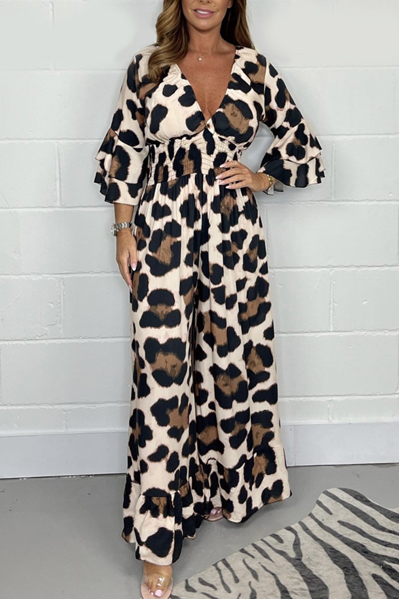 Leopard print V-neck jumpsuit Brown