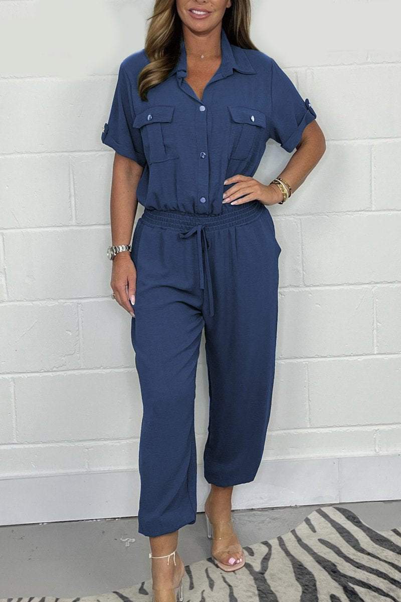 Gold Button Tie Jumpsuit Navy blue