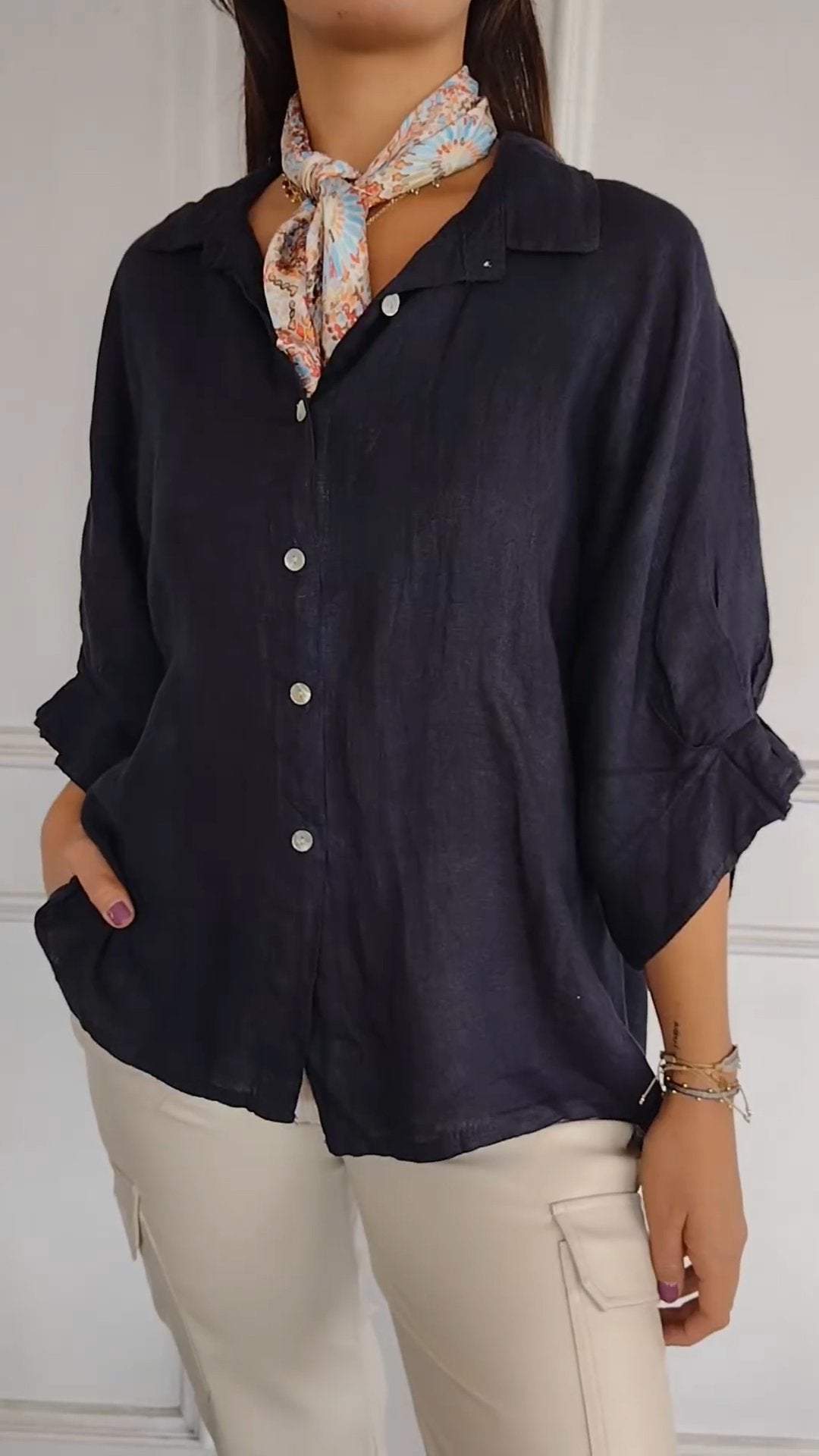 Women's Lapel Mid-sleeve Casual Cotton and Linen Top