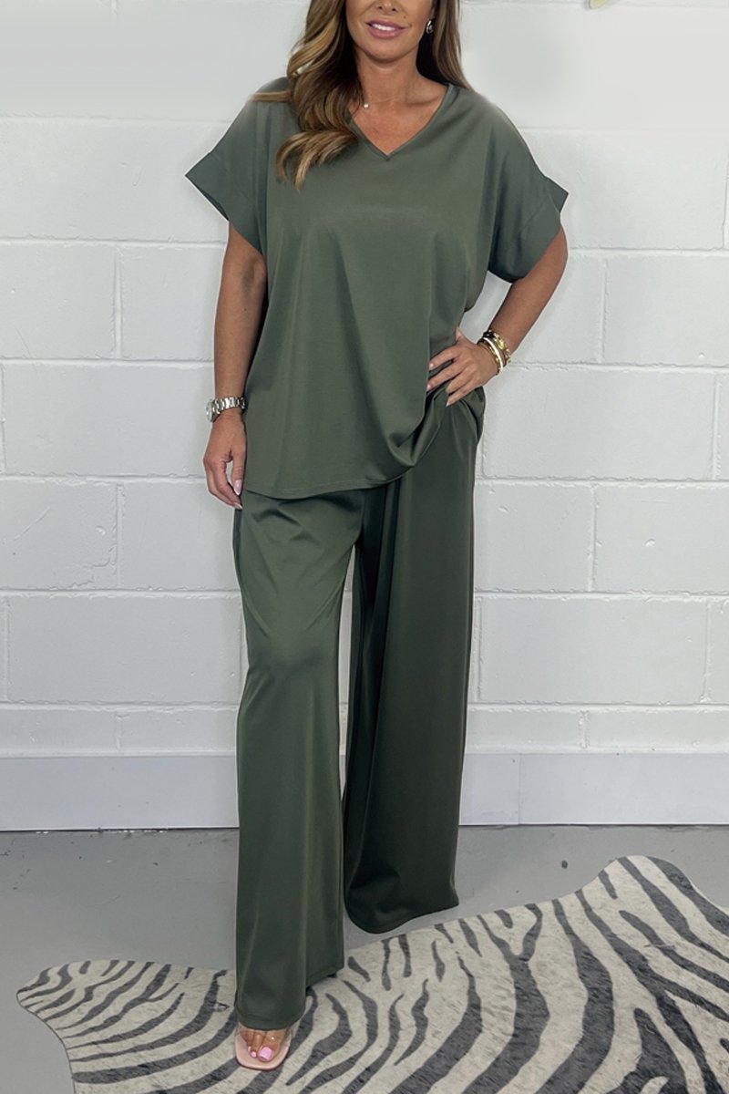 Satin V-neck casual suit Green