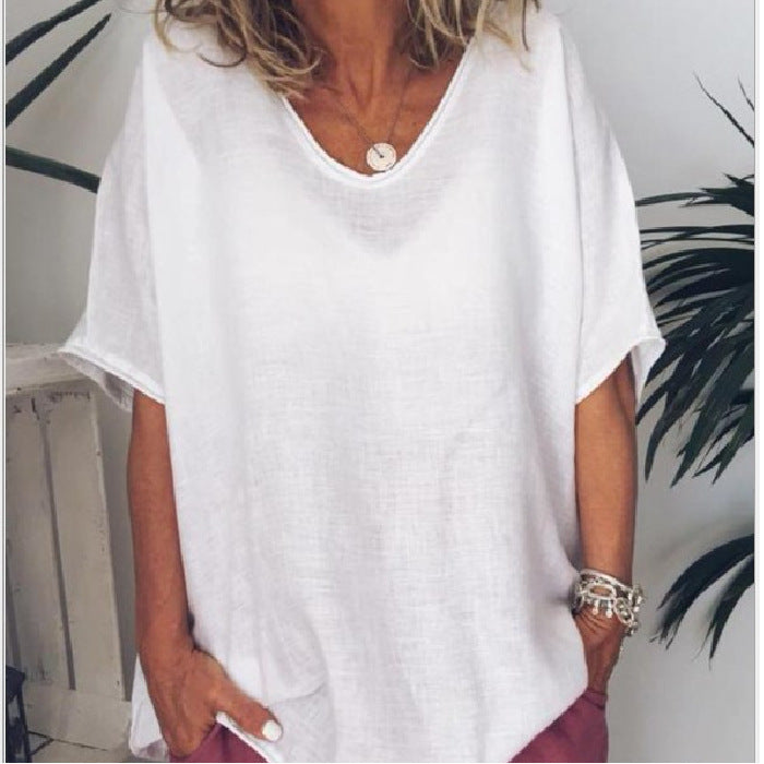 Solid loose short-sleeved casual cotton linen T-shirt White