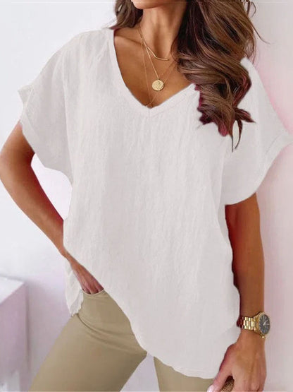 V-neck plain cotton linen T-shirt White