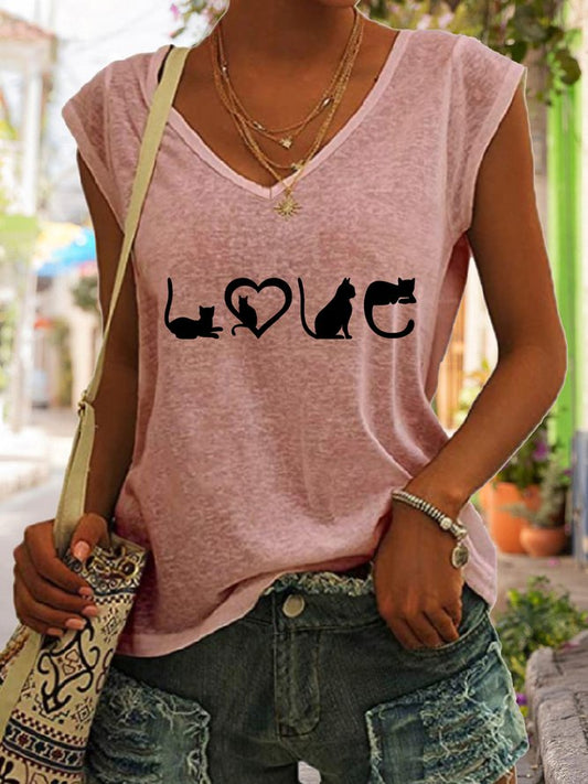 Casual Funny LOVE Cat Print V-Neck Tank Top Pink