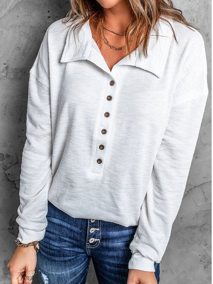 Navy Button Front Long Sleeve Henley Top White