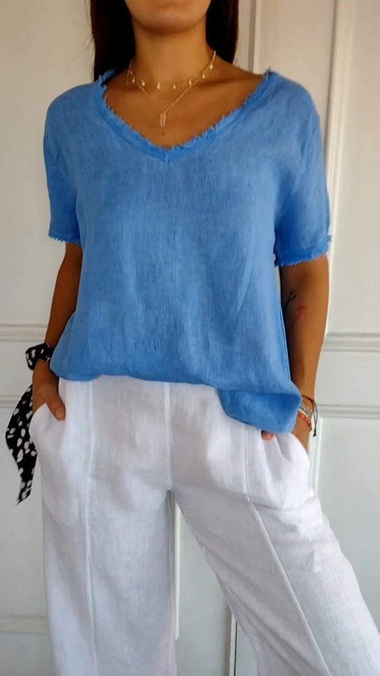 Women's V-neck Short Casual Top Blue