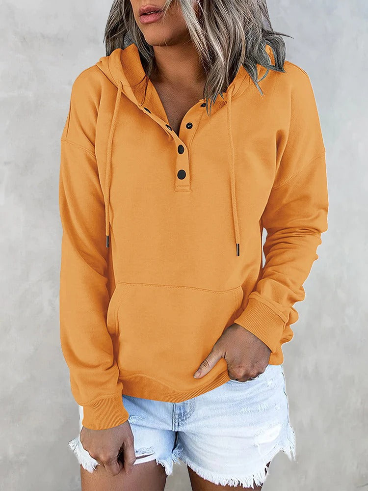 Hotouch Solid Button Front Hoodie with Pocket Orange