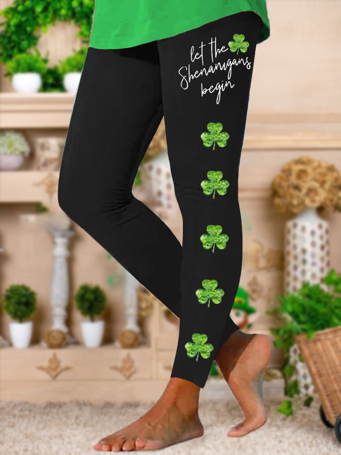 Shamrock Print Stretch Leggings Black