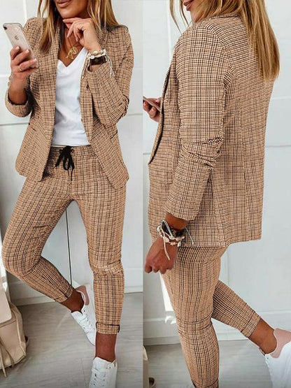 Women's Plaid Casual Suit Suit Khaki