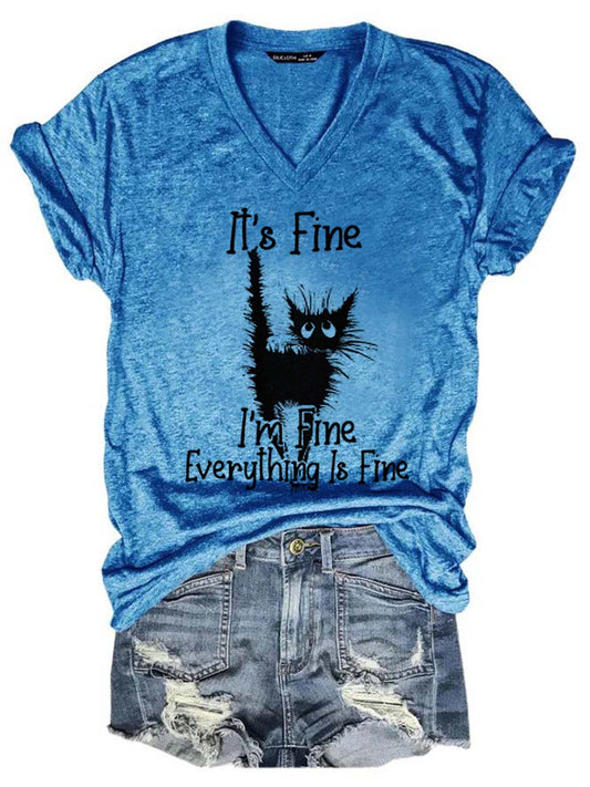 I Am Fine Everything Is Fine Cat Print Shirts&Tops Blue