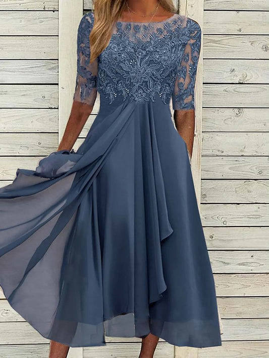 Round Neck Lace Swing Elegant Occasion Formal Wedding Guest Midi Prom Dress Blue