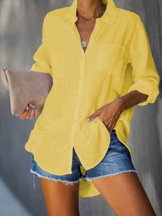 Solid Casual Cotton-Blend Shirt Collar Tunic Blouse Yellow