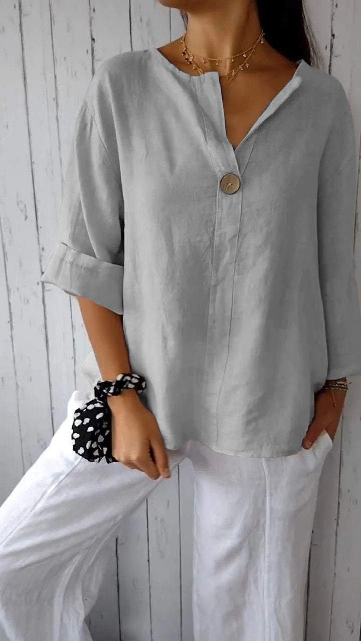 V-neck Mid-sleeve Cotton and Linen Top gray