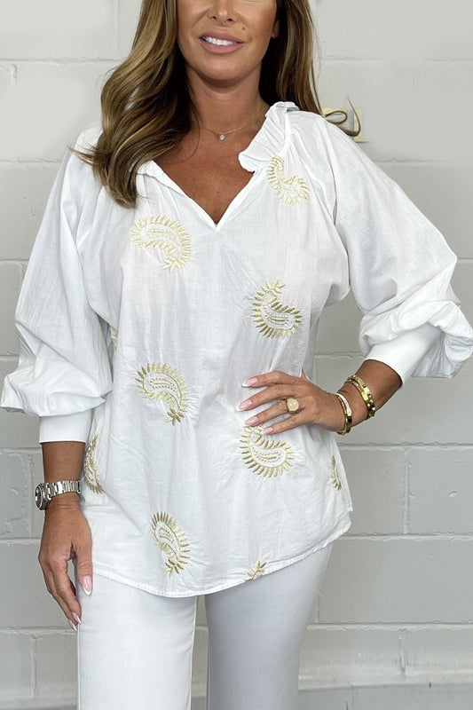 Gold Embroidered Top White