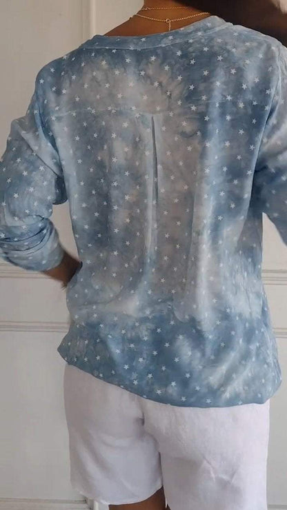 Lapel Long-sleeved Star Print Top