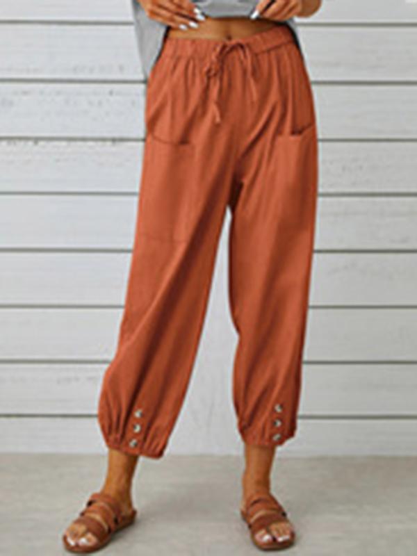 Women's pants High-waisted buttoned cotton hemp pants nine-point pants wide-legged Orange red