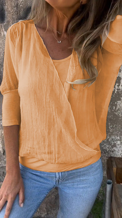 Solid Color Round Neck Mid-sleeve Top orange