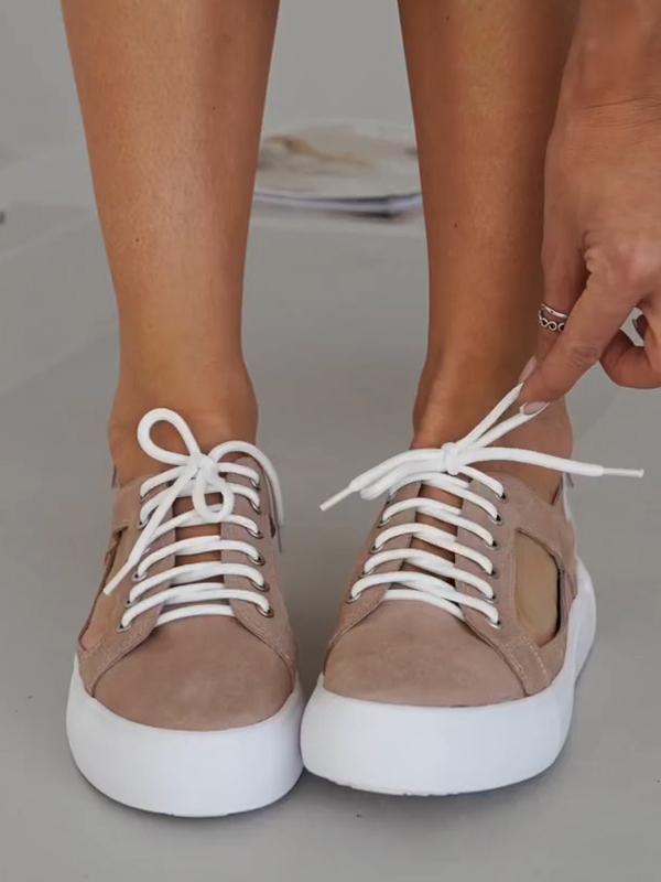 Casual Round Toe Lace-up Canvas Shoes with Velcro Straps apricot