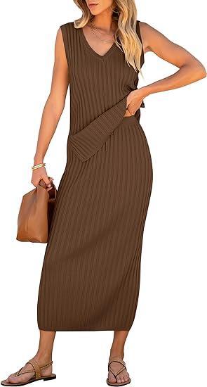 Women's V-neck Sleeveless Ribbed Skirt Suit