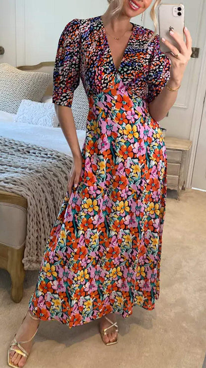 Women V-neck Printed Mid-sleeve Dress