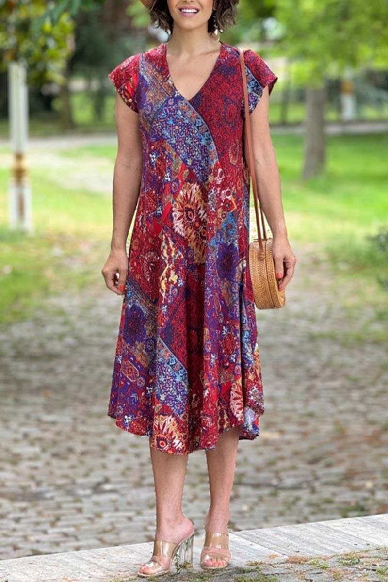 Women's Casual Printed V-Neck Short Sleeve Dress