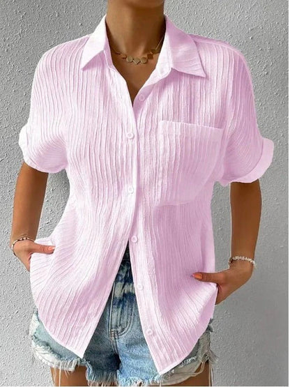 Shirt Collar Casual Buttoned Loose Blouse Pink