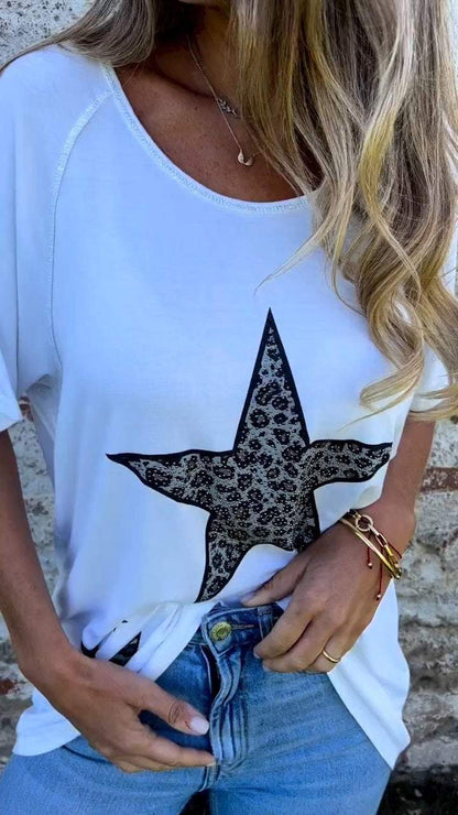 Casual Round Neck Five-pointed Star Print Top