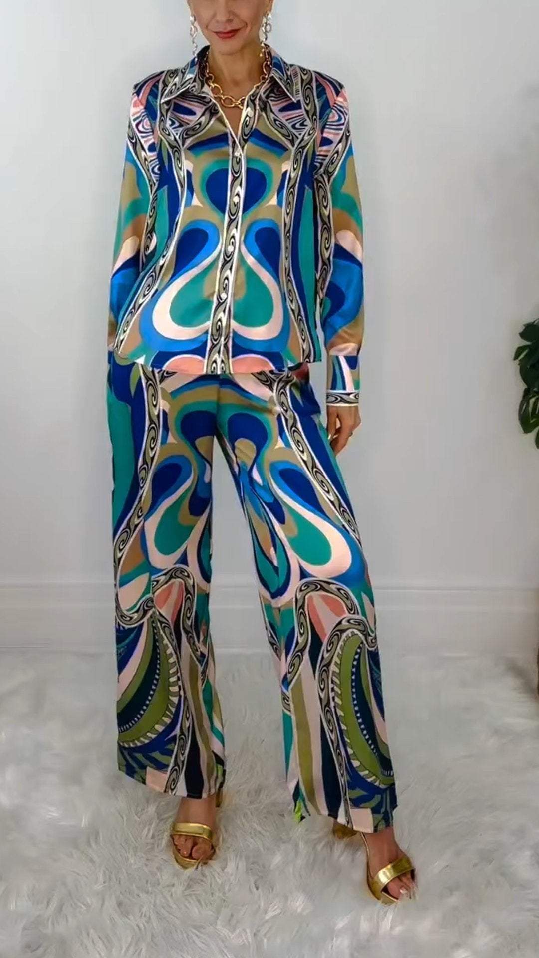 Women Printed Shirt Pants Suit