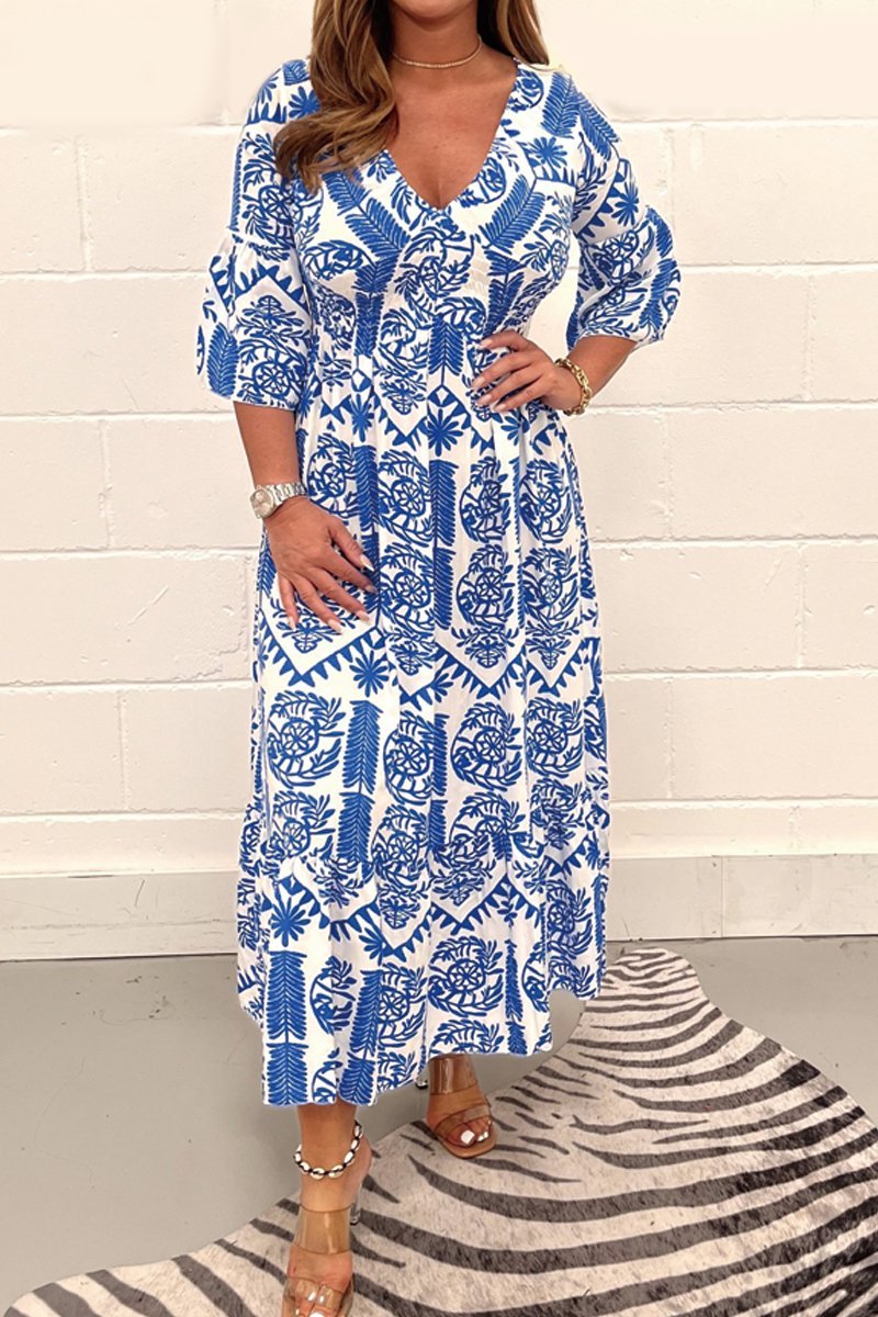 Printed V-neck dress Blue