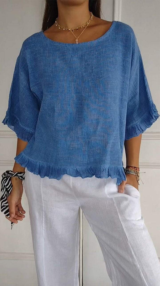 Round Neck Ruffled Hem Mid-sleeve Cotton and Linen Top Blue