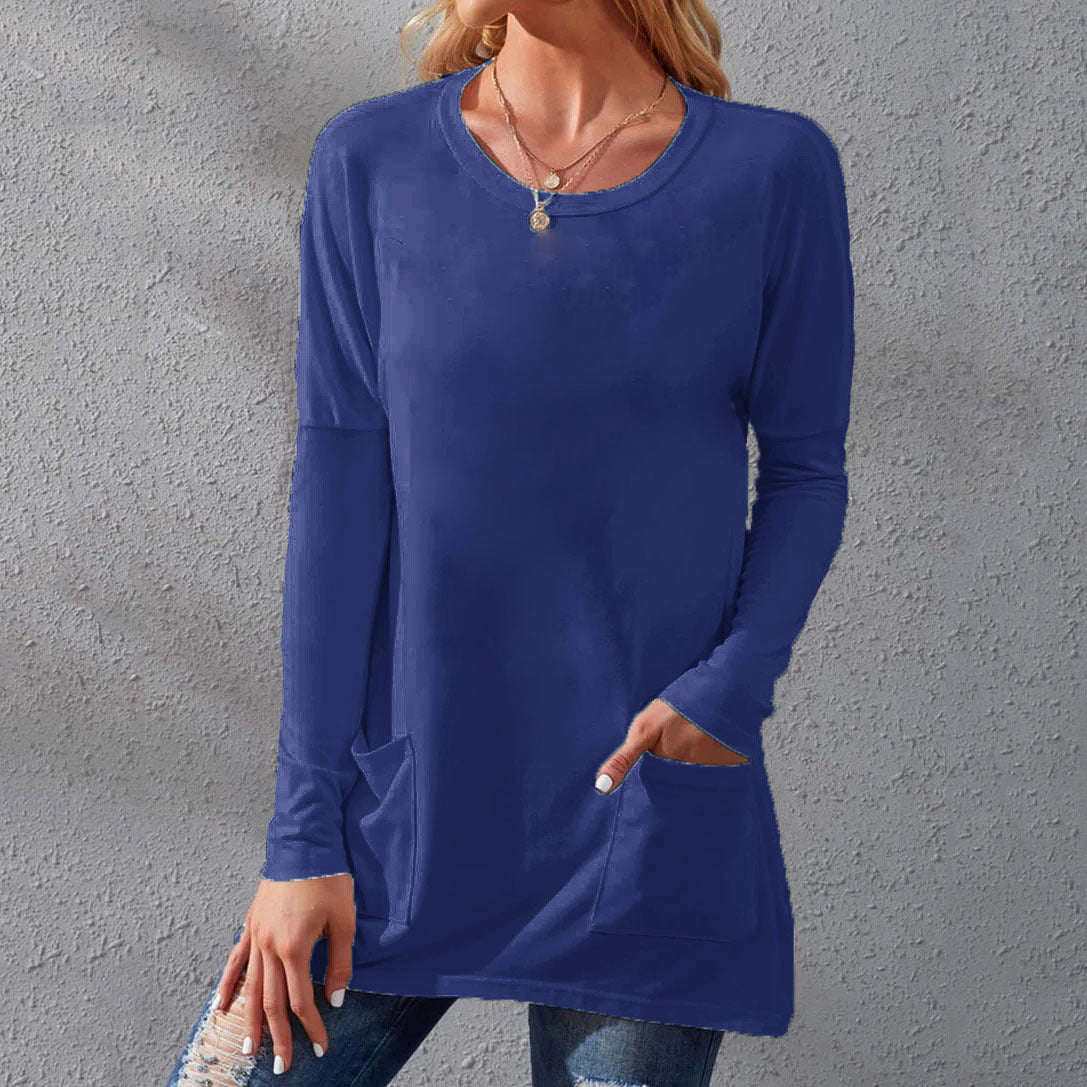 Round neck long sleeves loose pockets solid color T-shirt Blue