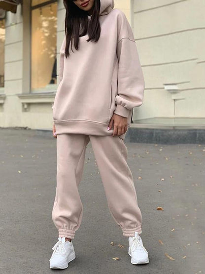 Solid Color Hooded Sweatshirt Casual Two Piece Set apricot