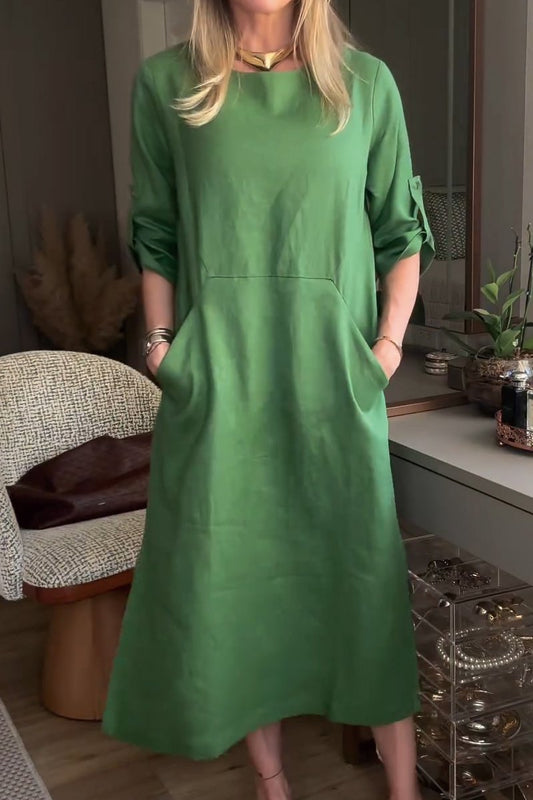 Women's solid cotton and linen dress Green