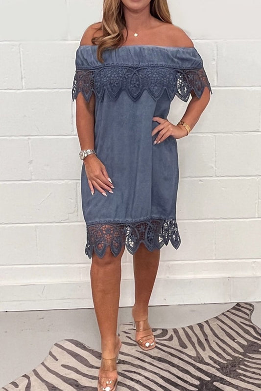 Distressed lace patchwork dress Navy blue