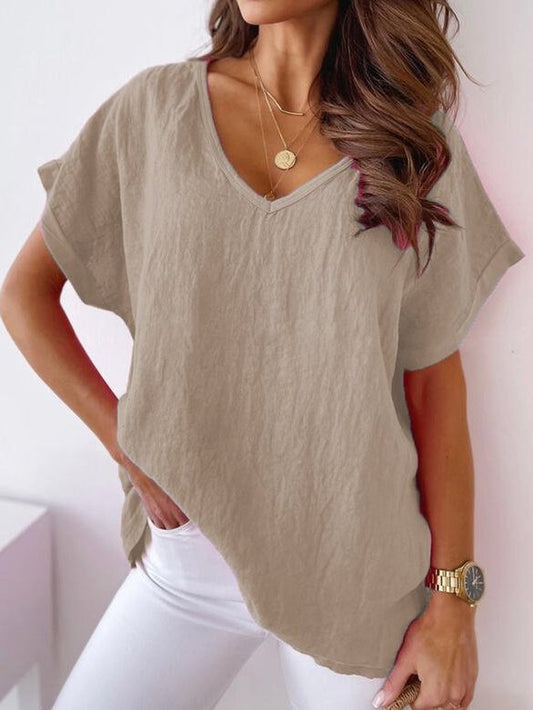 Summer Loose Short Sleeve V Neck Casual Plain Blue Linen Top Khaki