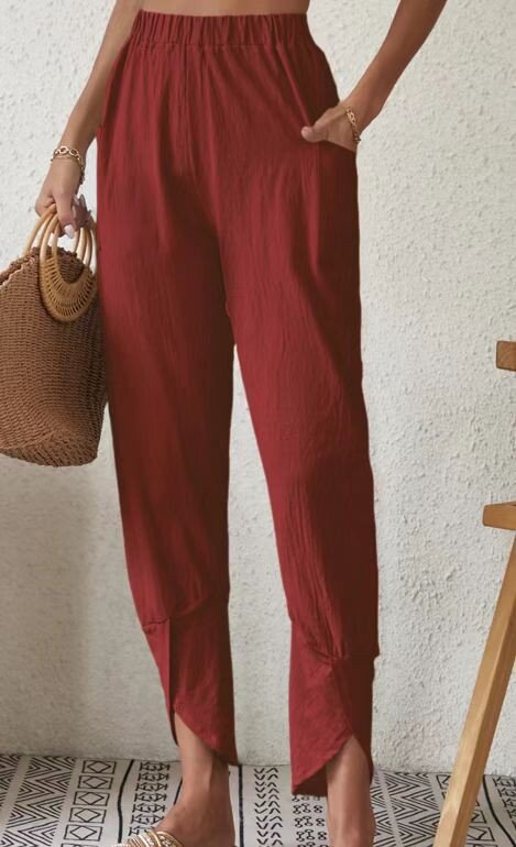 Solid Casual Loose Cotton Linen Leggings claret