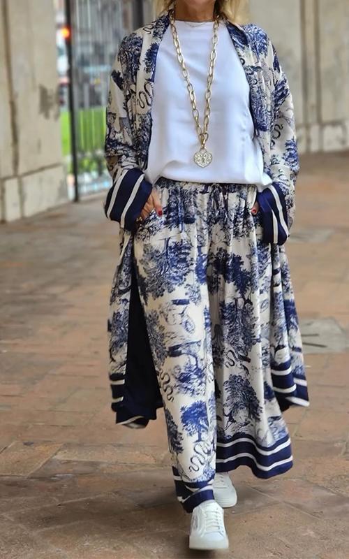 Casual Long Cardigan Jacket and Trousers Two-piece Suit blue