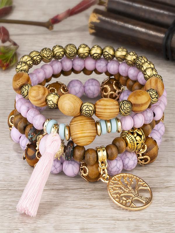 Boho Style Multi-layered Wooden Beaded Bracelet Purple One Size