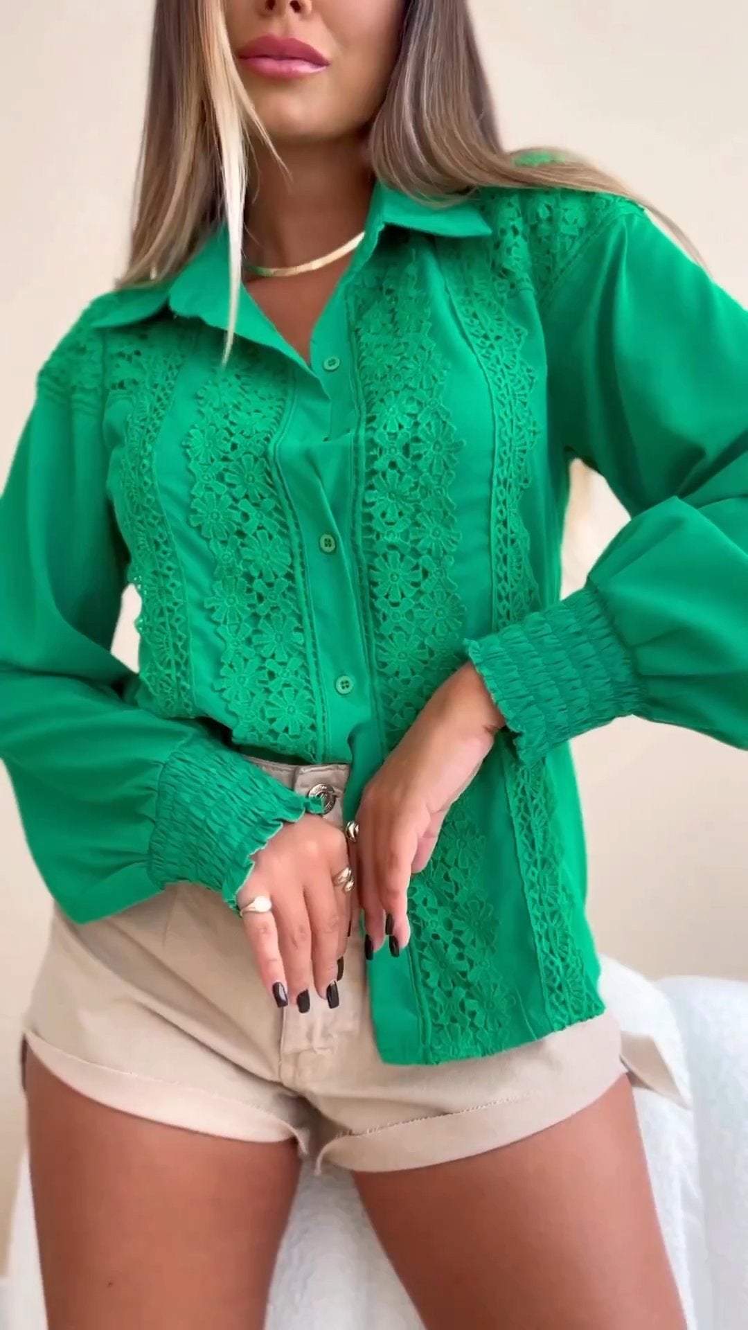 Ladies Lapel Long Sleeve Lace Stitching Shirt