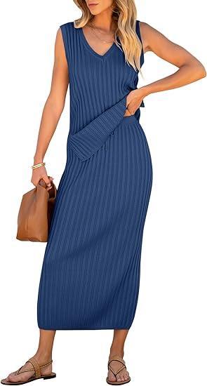 Women's V-neck Sleeveless Ribbed Skirt Suit