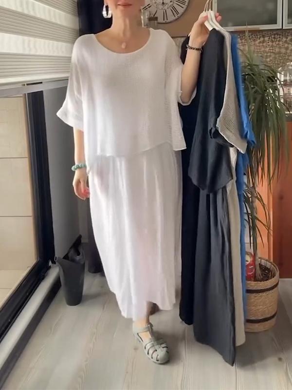 Women's Round Neck Blouse with Sleeveless Long Skirt Two-piece Suit