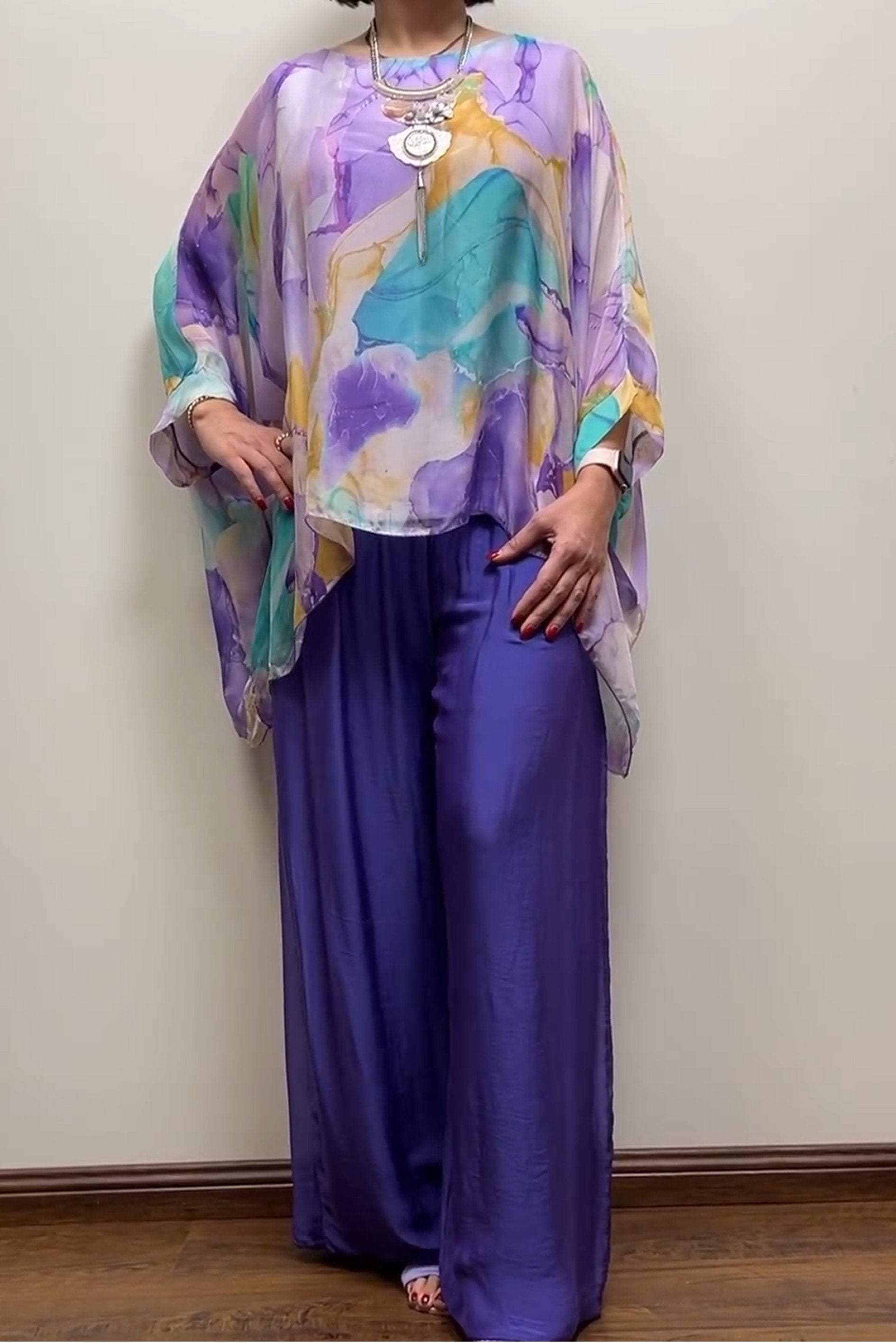 Chiffon Pattern And Trouser Suit Purple