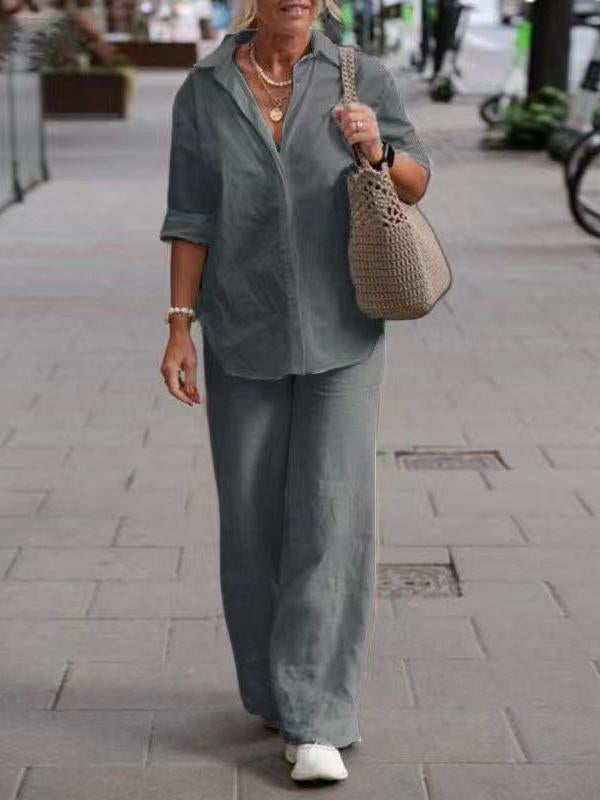 Lapel Long Sleeve Shirt Pants Wide Leg Suit gray