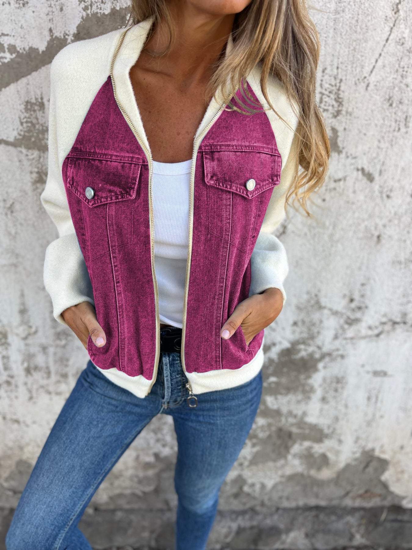 Casual V-neck Zipper Jacket light purple