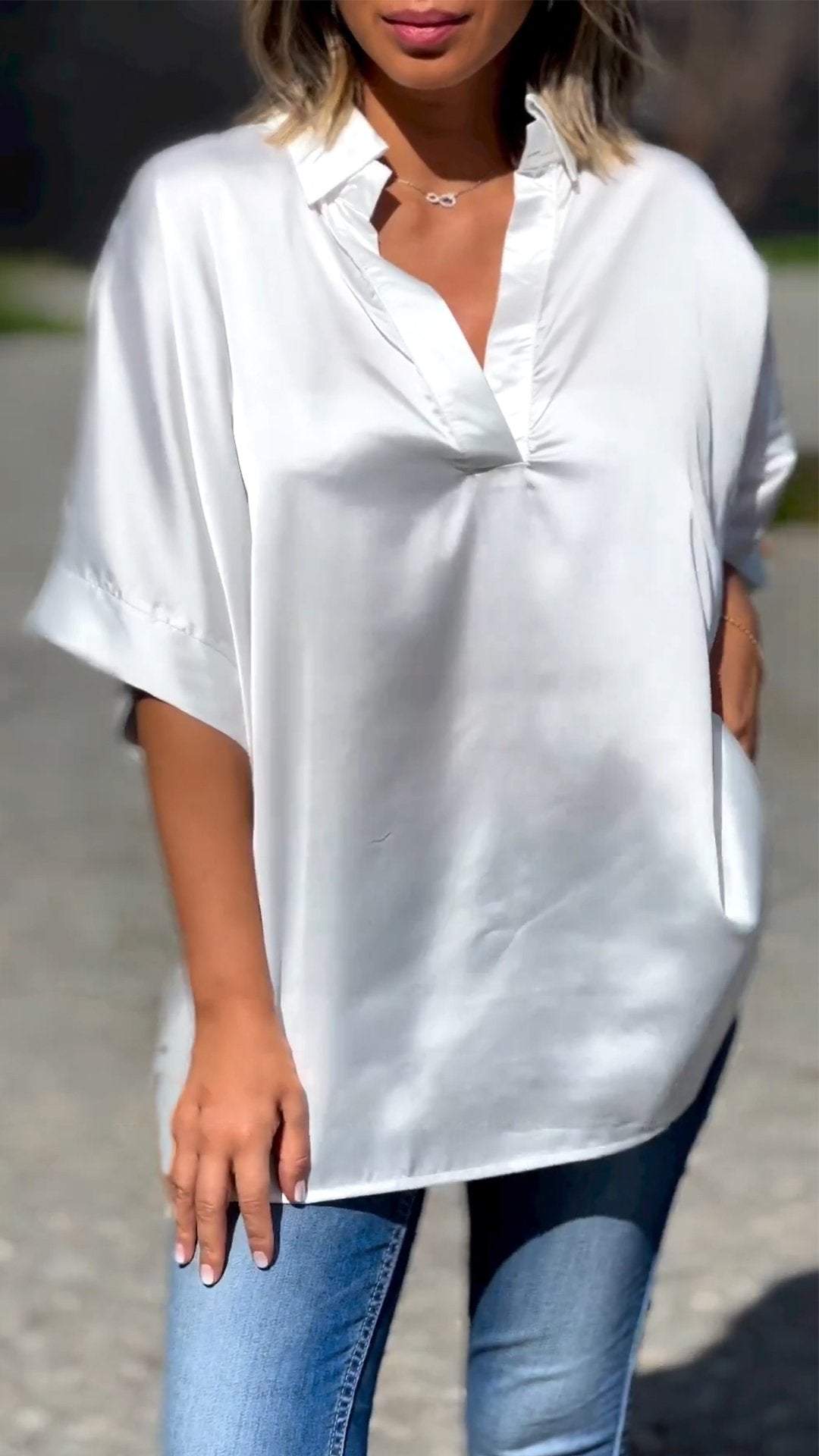 Satin Silk V-neck Top White