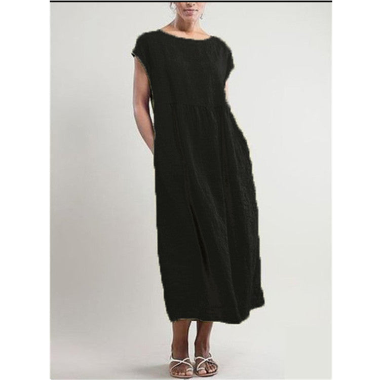 Solid color sleeveless loose cotton and linen pocket dress black