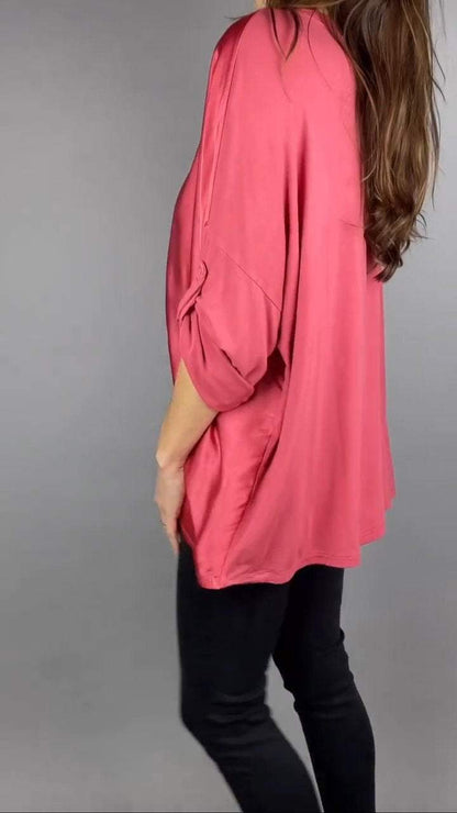 V-neck Casual Satin Mid-sleeve Top