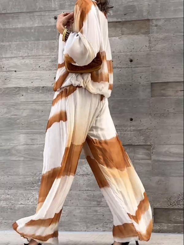 Casual chiffon contrasting corrugated round neck top + pants two-piece set